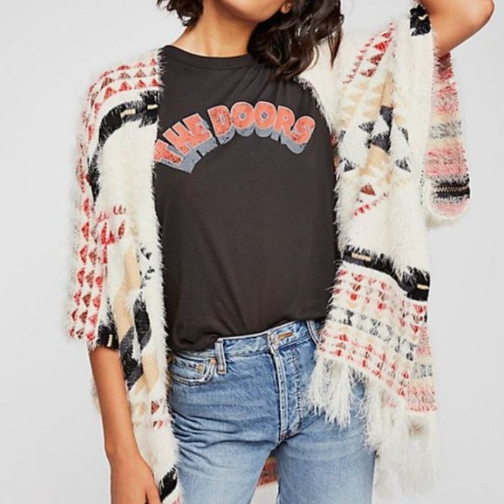 Free People fuzzy Canyonland Kimono with fringe Ivory Combo, One Size